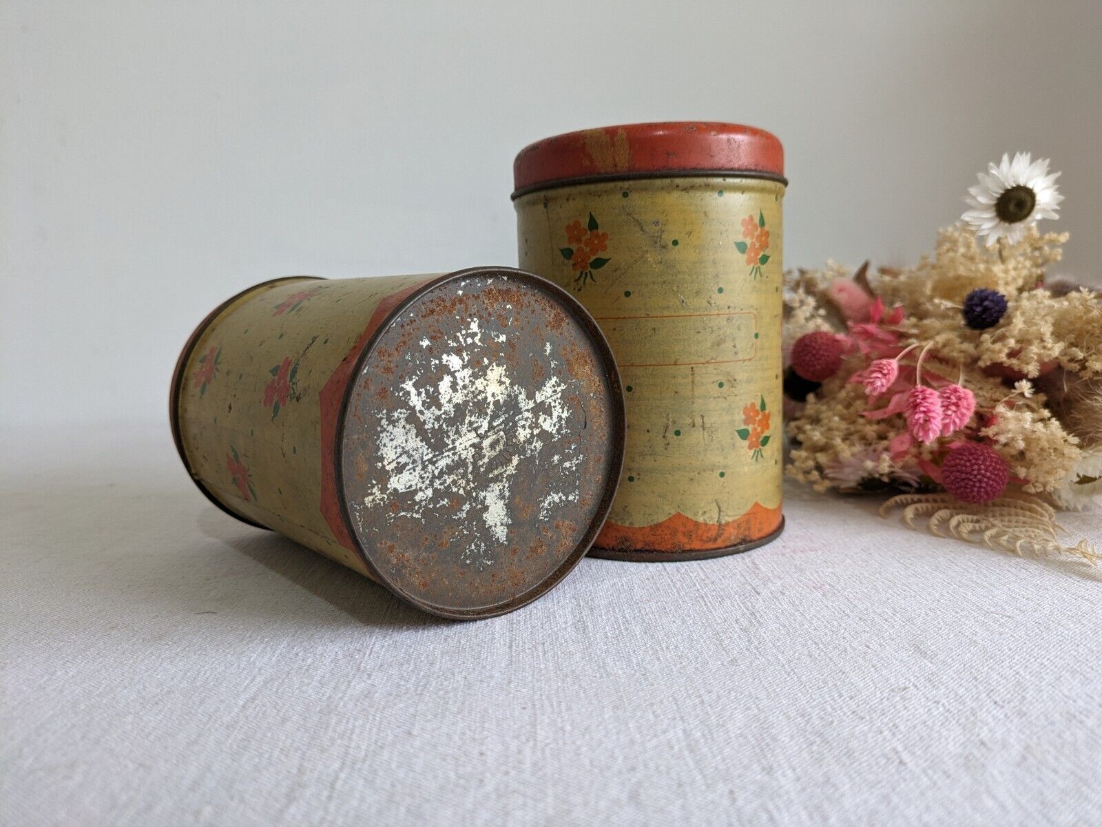 2x Vintage 1930s 20s Handiware Ditsy Storage Tin / Canister Rare Prop Kitchen