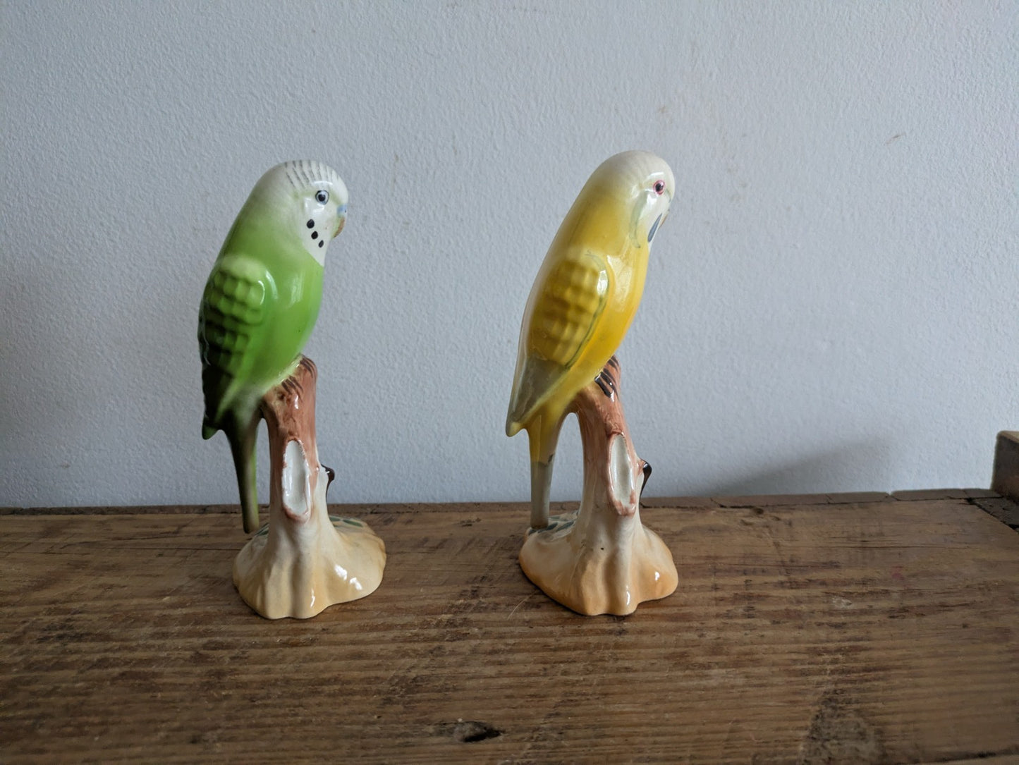 2x Rare Green Yellow Budgie Mid Century Kitsch Retro Ceramic Figurine Ornament