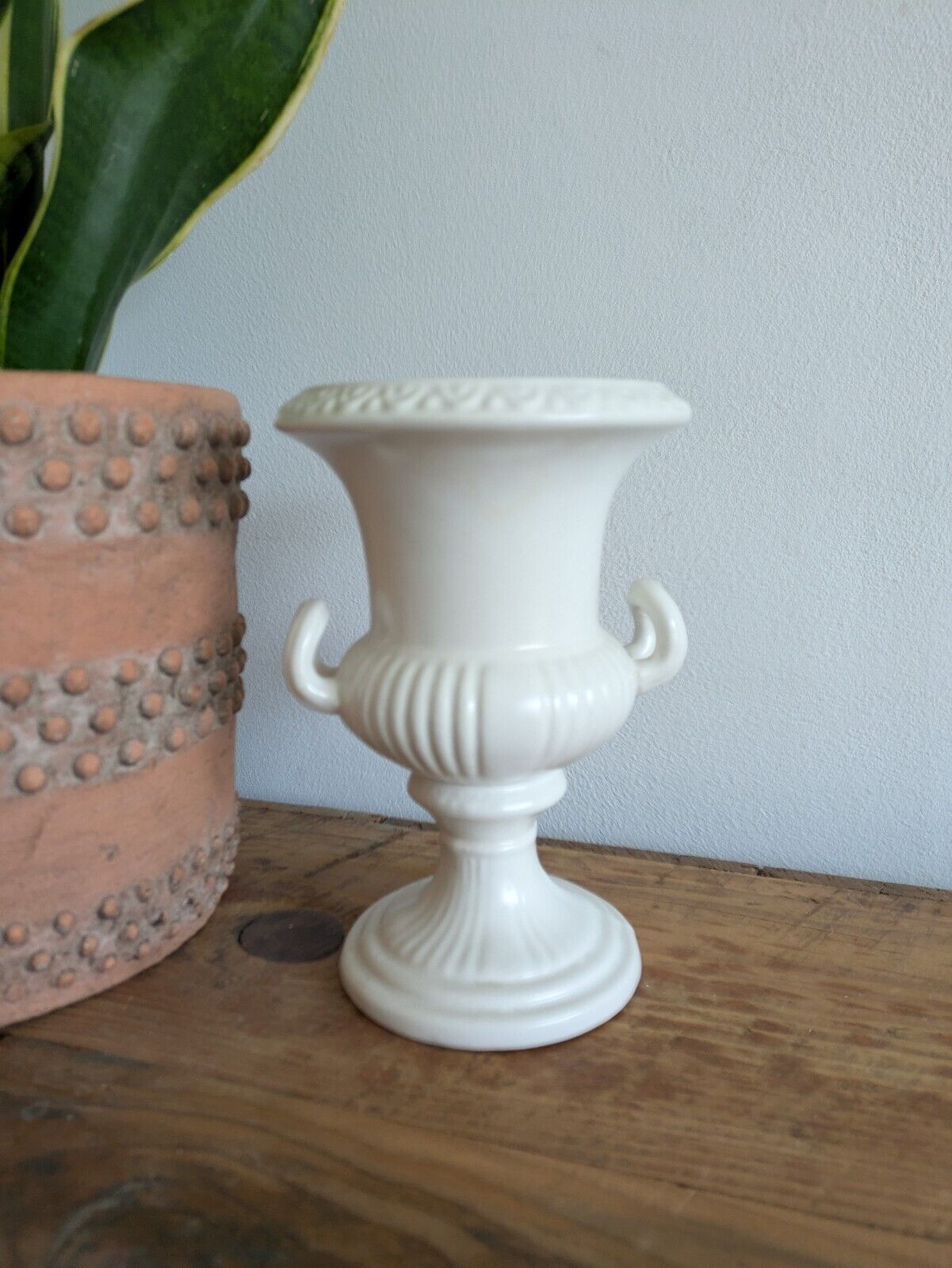 Vintage Dartmouth Pottery Urn Vase White Prop Mantle Flower Double Handle Vgc