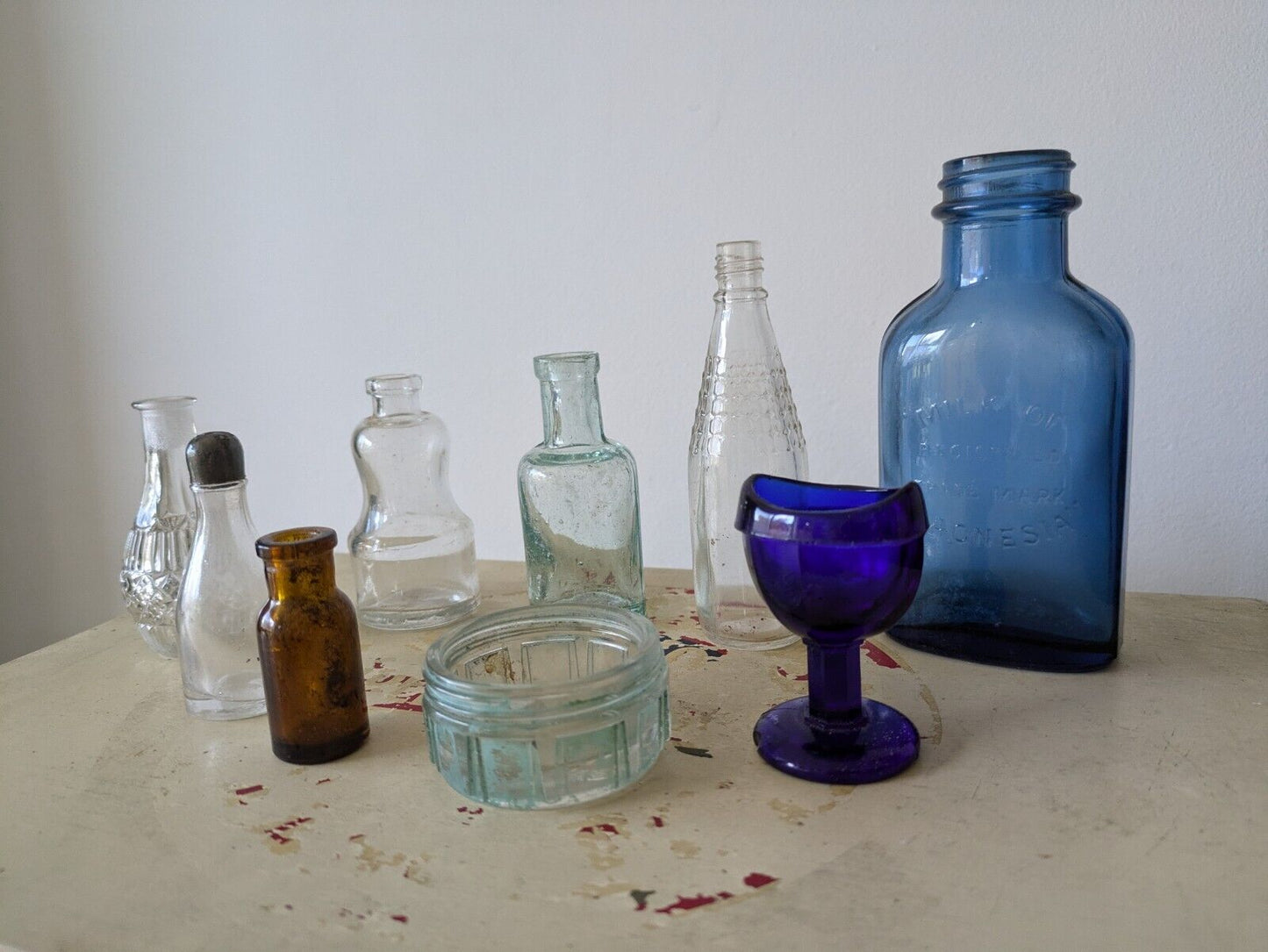 9x Antique Vintage Glass Bottles vase flower Cobalt apothecary amber Medicine