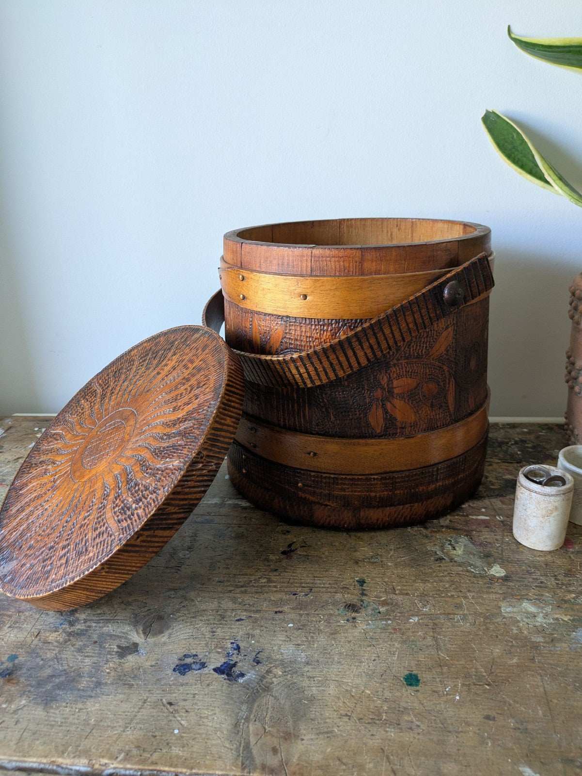 Antique Vtg Sugar Firkin Bucket w. Lid & Handle Pantry Carved Design Primitive