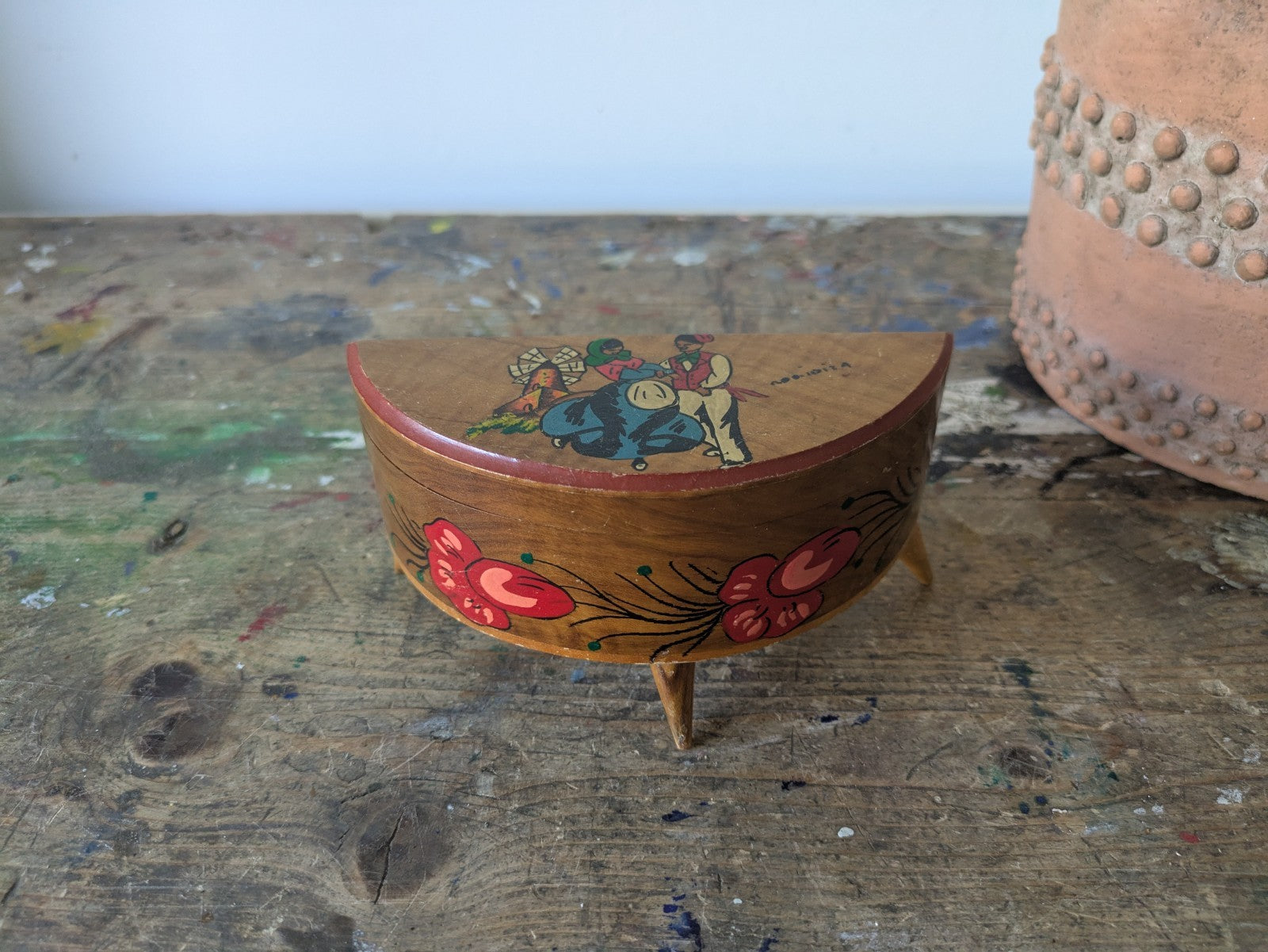 Trinket Jewelry Box Mallorca Ibiza Wood Dancers Lined Mirror Vtg Demilune Prop