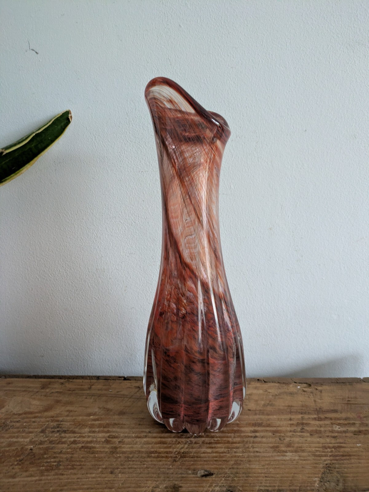 VTG Murano? Studio Art Glass Hand Blown Brown Vase Tall Ribbed Fluted MCM Prop