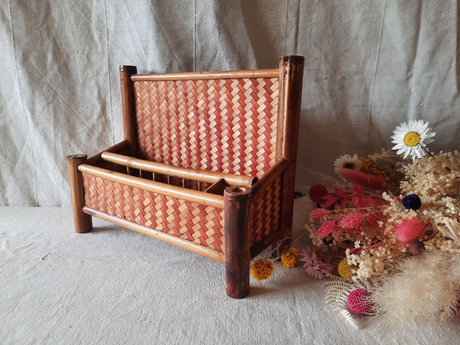 VINTAGE TIKI BAMBOO LETTER RACK SHELF DESK TIDY BOHO CANE RED  RETRO MIDCENTURY