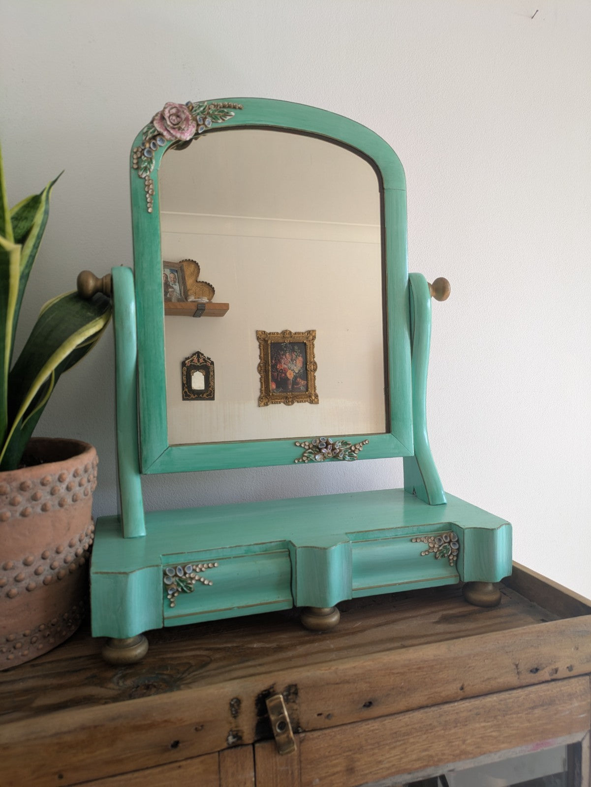 Antique Victorian Edwardian Wood Table Vanity Mirror Drawers Turquoise Floral Vg