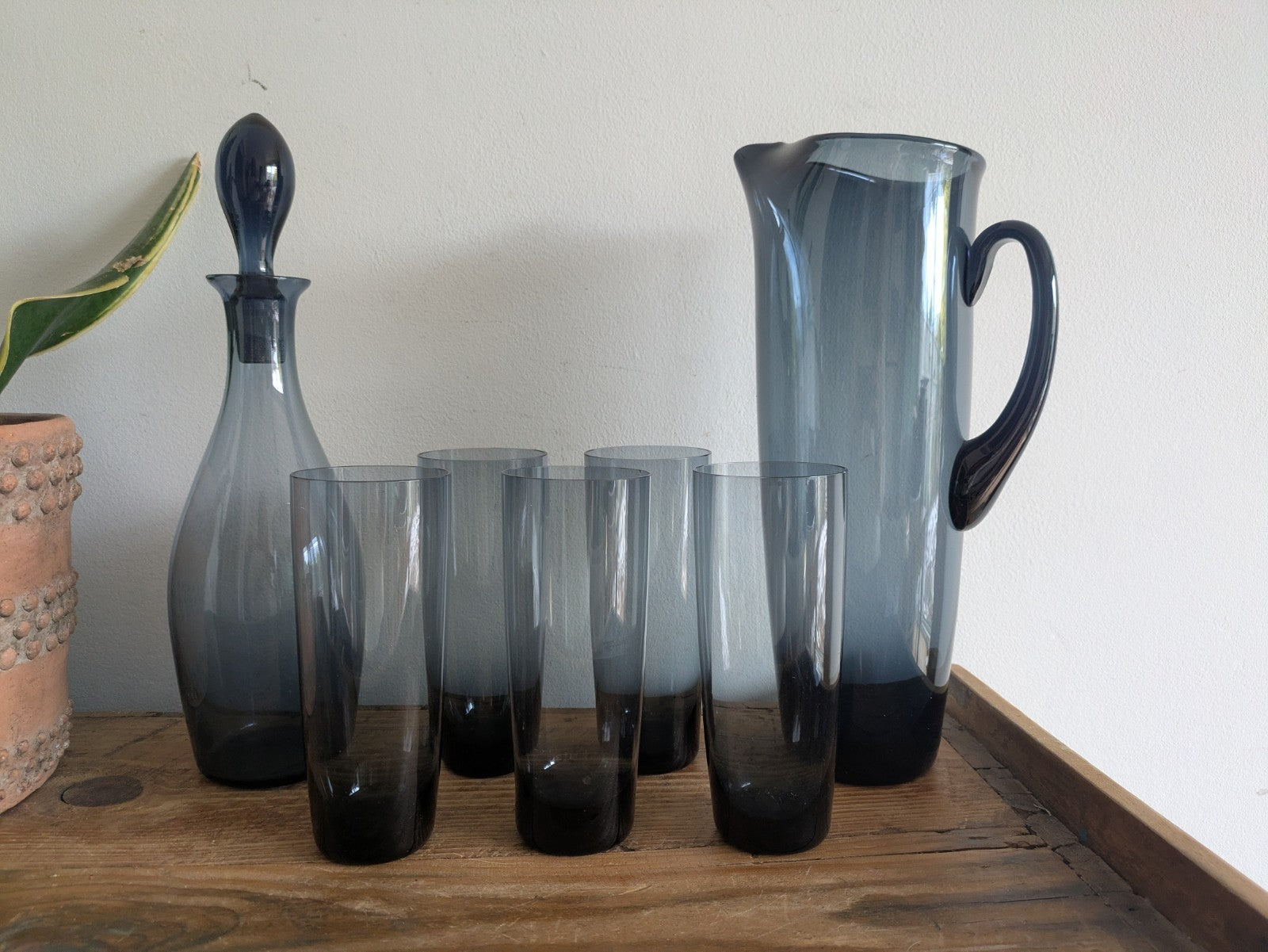 Vintage Italian Smokey Blue Decanter Pitcher Jug Glasses Hand Blown Set Mid Cent