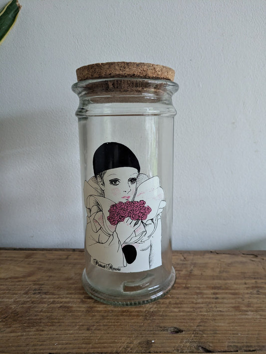 Glass Canister Spaghetti Jar With Cork Lid Pierrot Amore Clown Vintage 1980s Pot