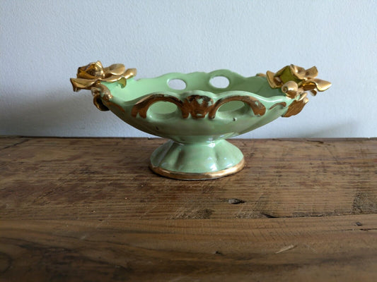 GREEN VTG GILT ORNATE ROSE FLORAL PEDESTAL CAPODIMONTE CENTERPIECE BOWL ITALY 