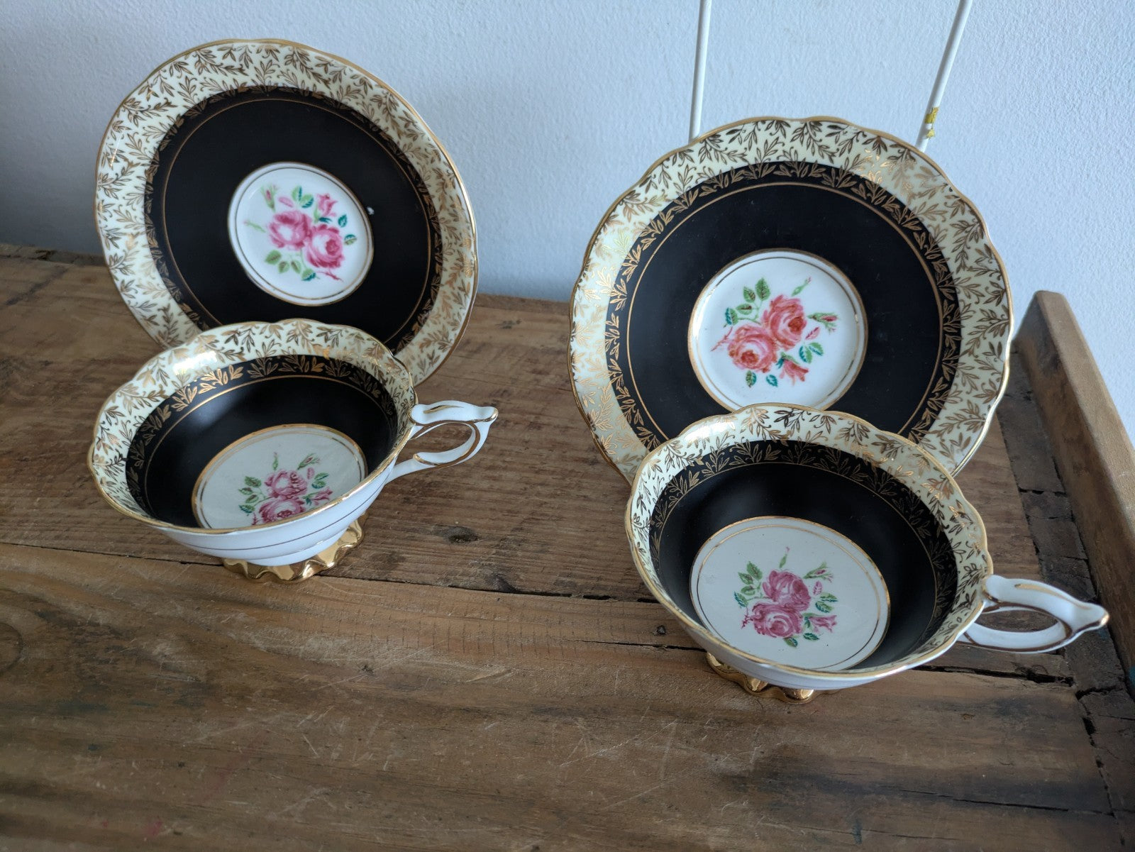 Pair Duos Vintage Royal Stafford Pink Black Gilt Cabbage Rose Cup and Saucer x2