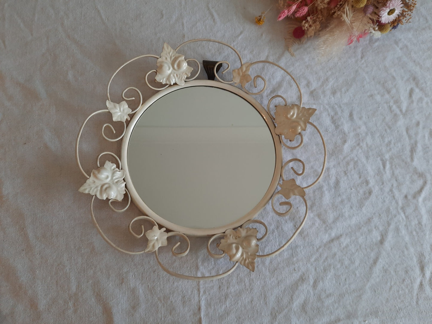 Vtg Retro Round Wrought Iron Wall Mirror Scroll & Leaf Design Cream Circular 70s