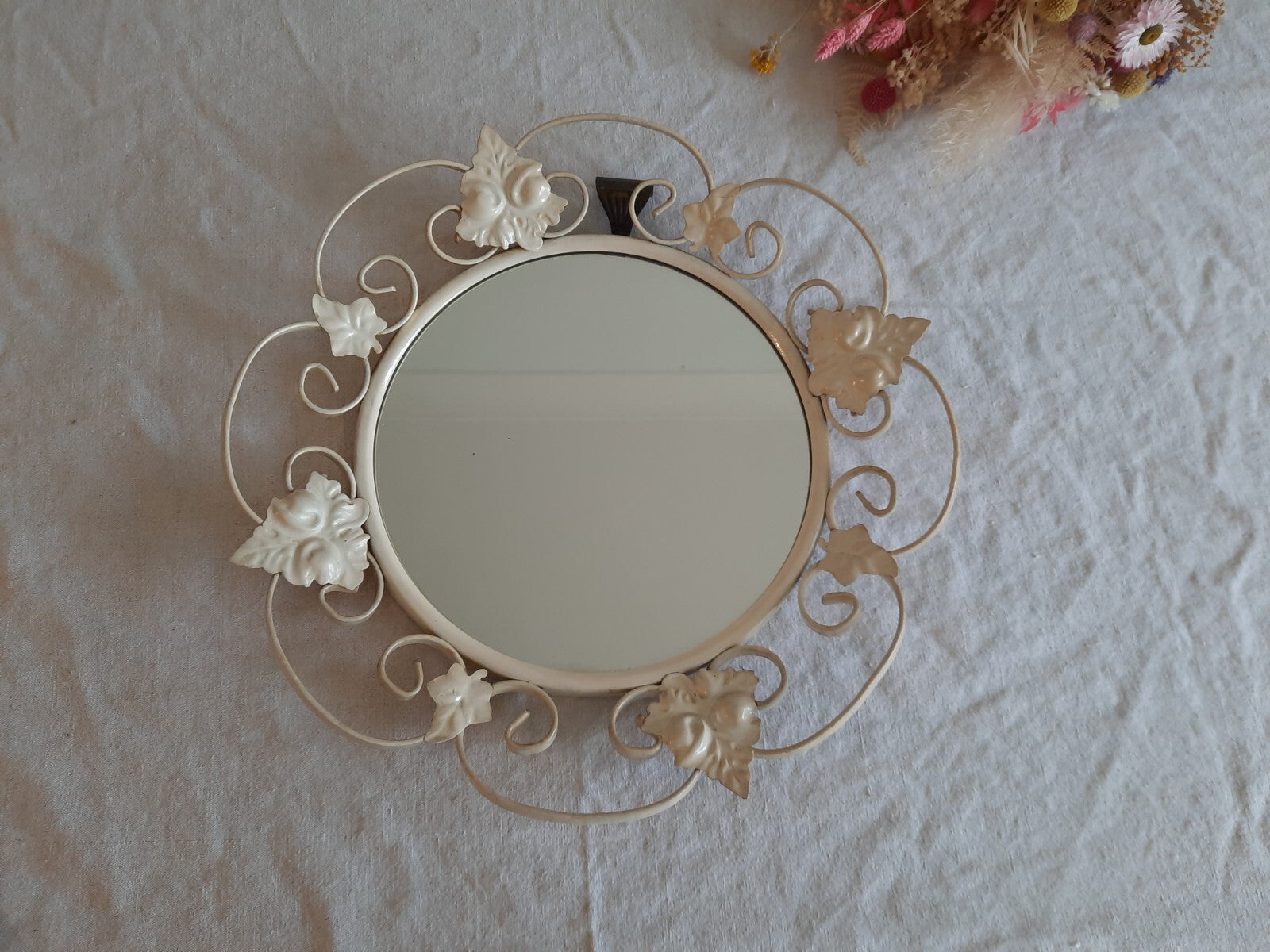 Vtg Retro Round Wrought Iron Wall Mirror Scroll & Leaf Design Cream Circular 70s