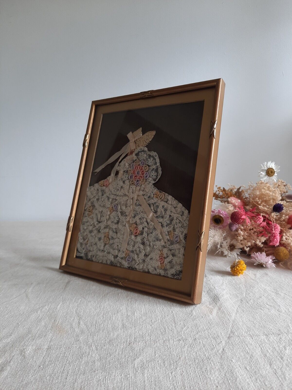 vintage framed picture embroidery ribbon lace crinoline Lady Antique Frame Gilt