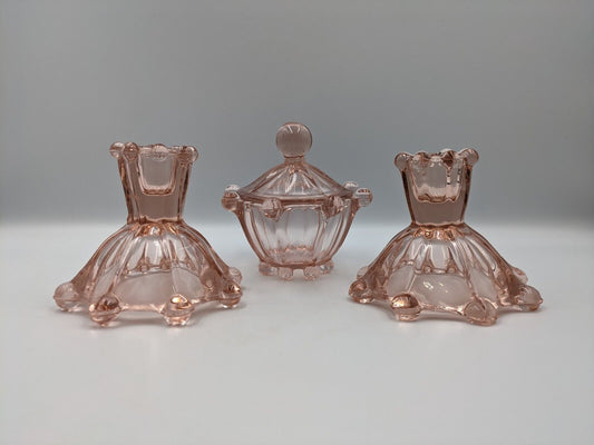 ART DECO VINTAGE GLASS DEPRESSION PINK GLASS CANDLESTICKS & LIDDED POT VANITY 