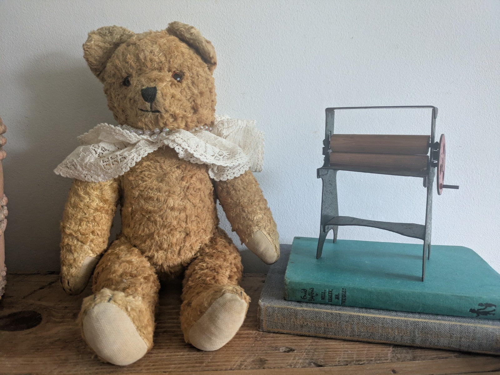 Antique Vintage Teddy Bear Straw Mohair  Articulated Jointed Toy Collar Prop Vgc