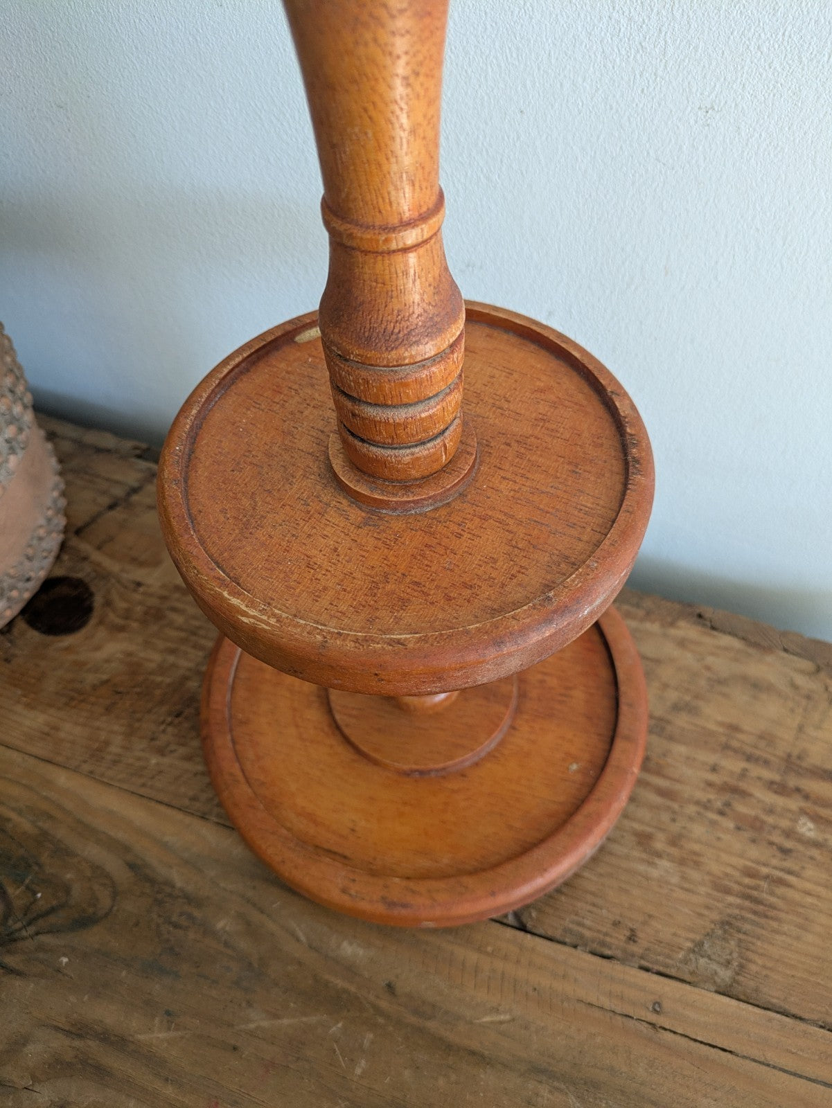 Vintage Antique Wood Two Tier Serving Tray Platter Display Stand Round Holder