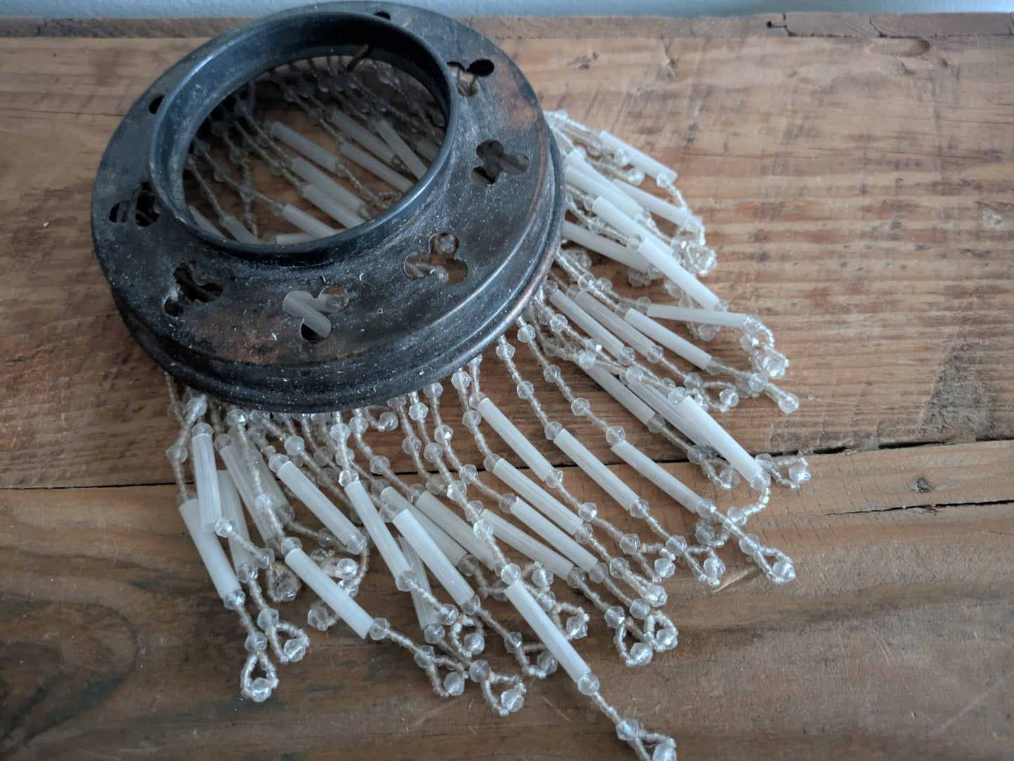 Antique French Beaded Light Shade Ceiling Art Deco Fitting Glass Bead Rare Prop