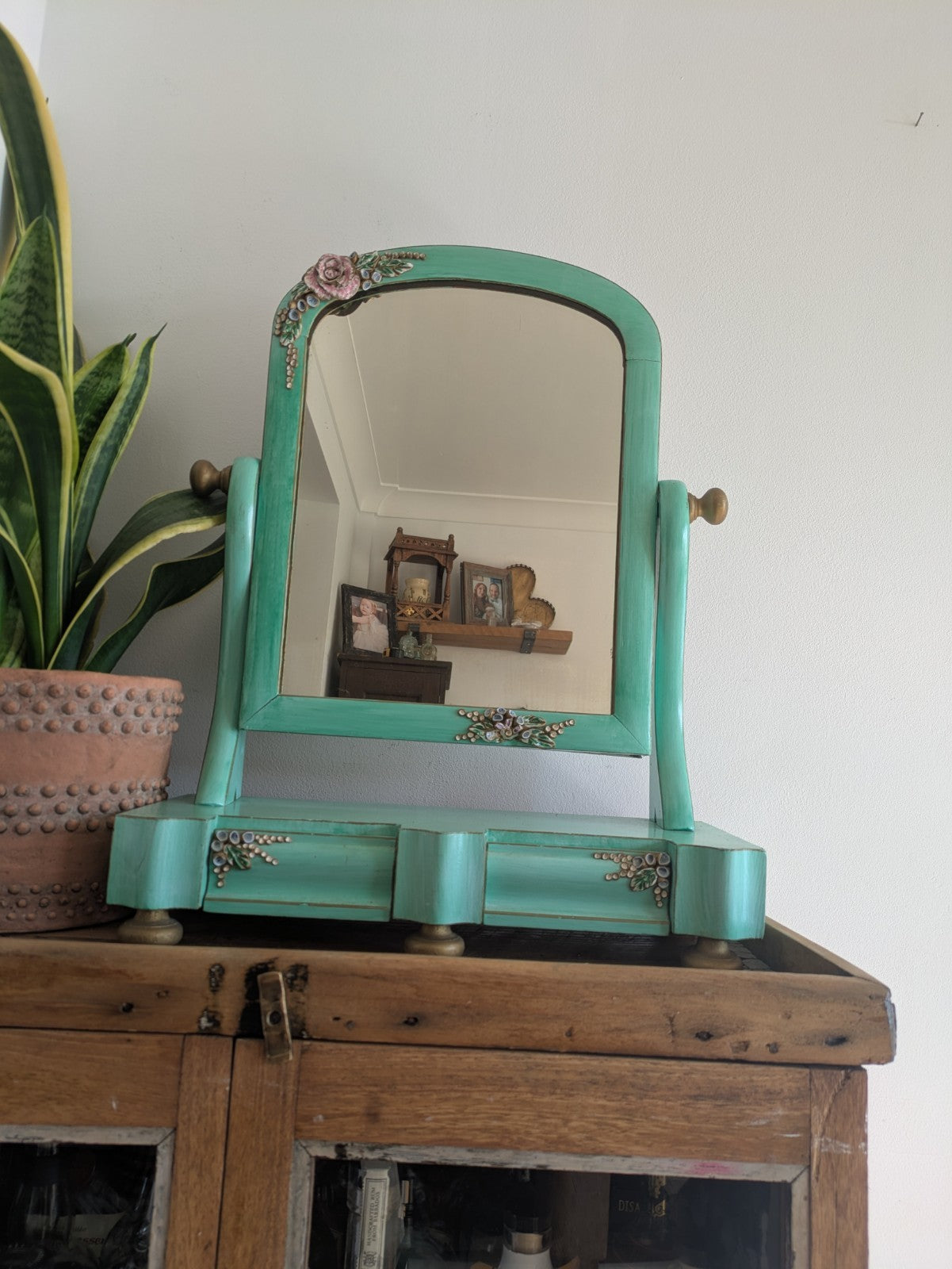 Antique Victorian Edwardian Wood Table Vanity Mirror Drawers Turquoise Floral Vg