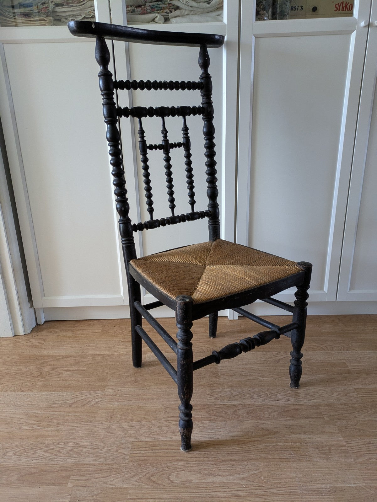 French Antique Prie Dieu Prayer Chair Bobbin Back Rush Seat 19th Century Rare