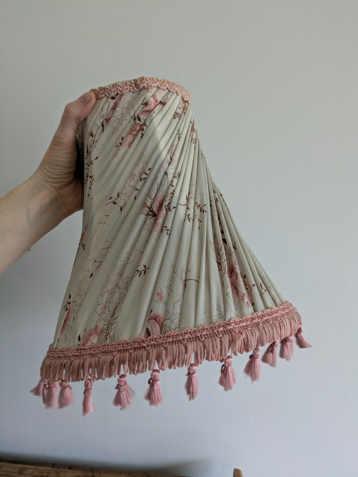 Vintage Large Floral Lamp Shade With Tassels Pleated Tall prop table lampshade 