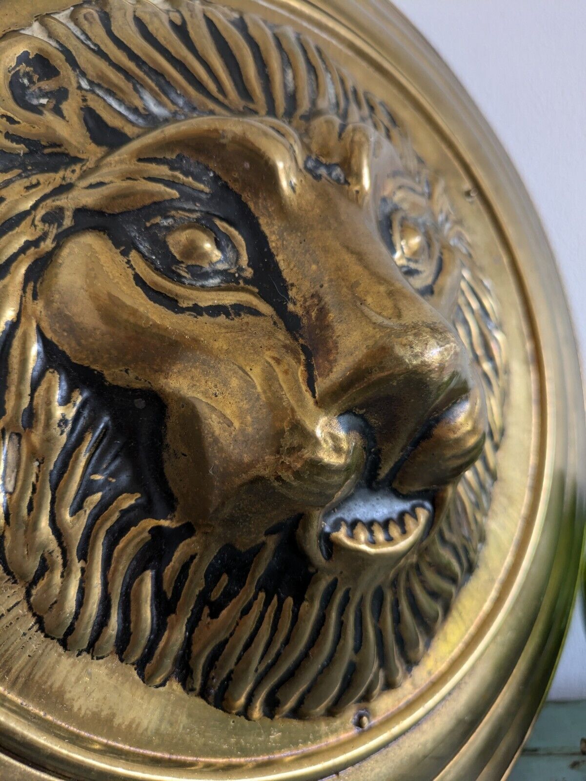 Antique Reclaim 19th C Large Brass Lion Head Plaque Wall Convex Circular 3D Vtg