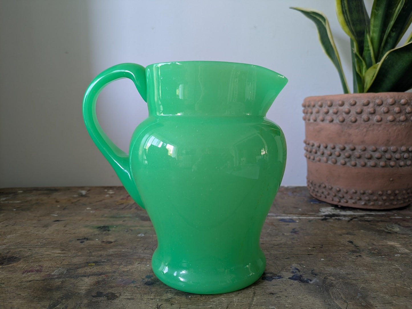 Antique Green Uranium Glass Water Jug Pitcher Jade Jadeite Art Deco Opaque Large