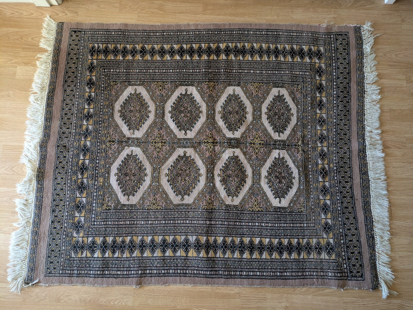 Cream Bokhara Hand Knotted Oriental Wool Afghan Turkmen Area Rug Gul Motif  Vgc