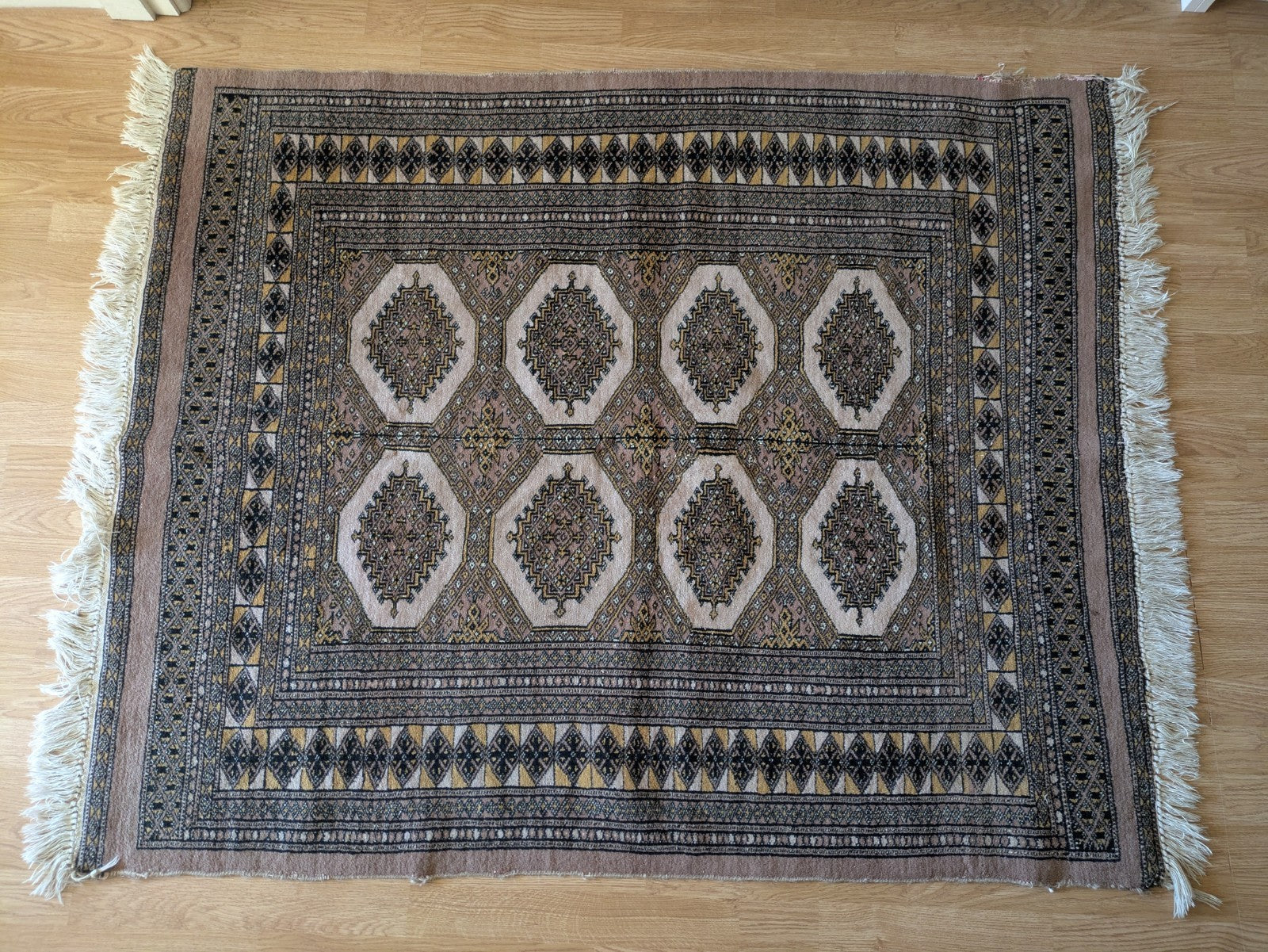 Cream Bokhara Hand Knotted Oriental Wool Afghan Turkmen Area Rug Gul Motif  Vgc