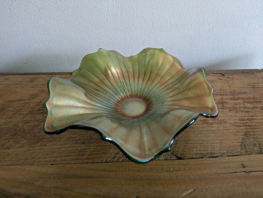 Fenton Green Ruffled Bowl Antique Carnival Vintage Glass Decorative Dish Rare 