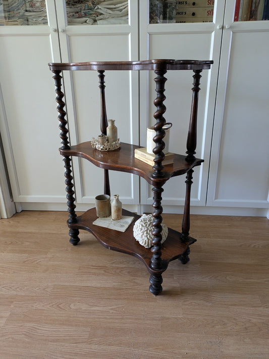 Antique Victorian Whatnot Mahogany Shelves Barley Twist Turned Legs Bookcase 