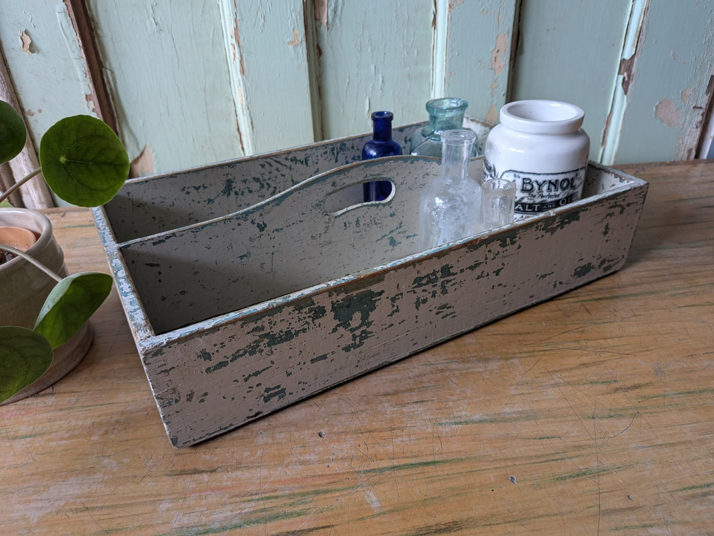 Vtg Distressed Paint Antique Wooden Cutlery Tray Box Kitchen Trug Sectional Prop