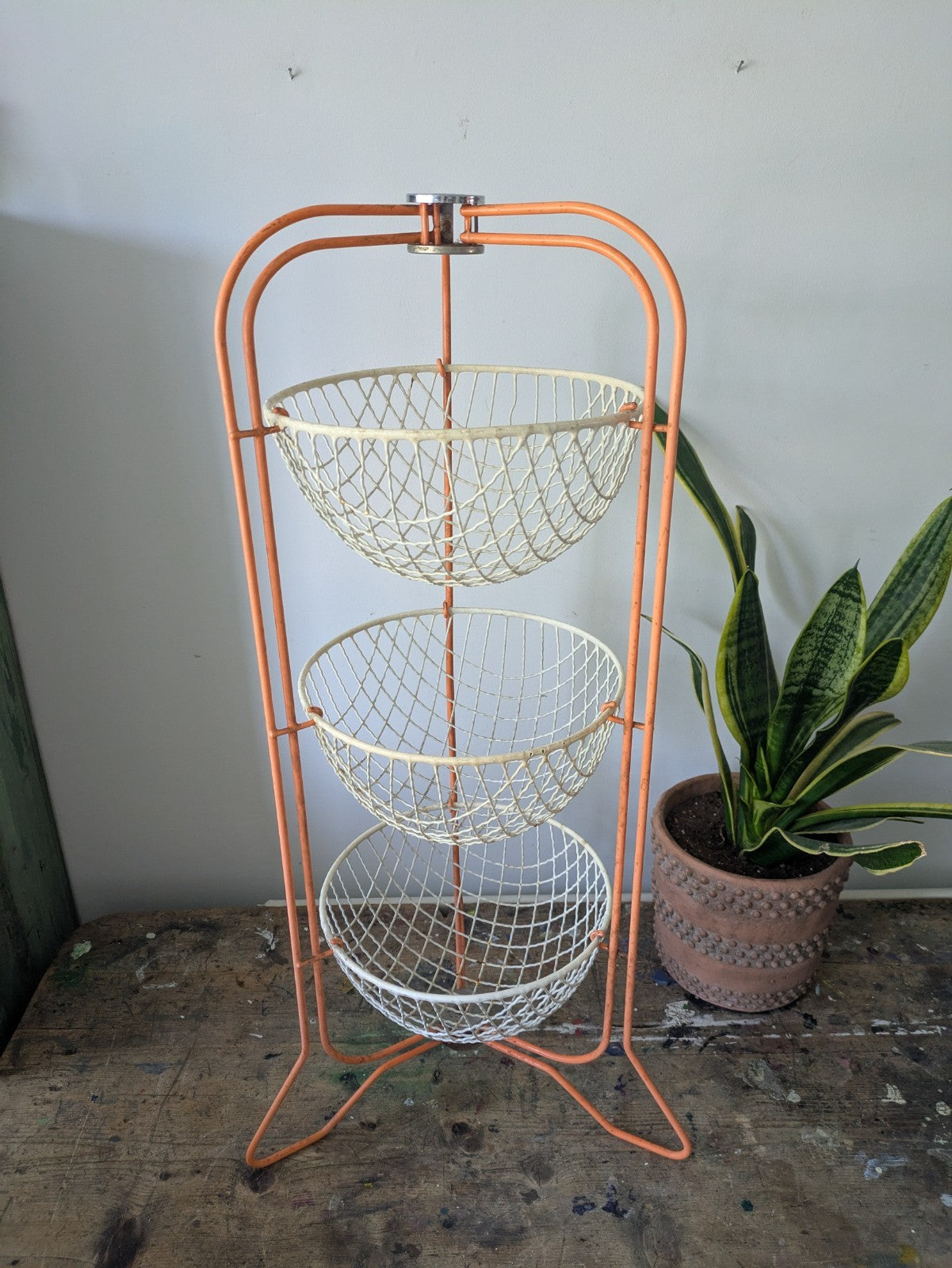 Vintage Mid Century 50 60s Prestige Veg Kitchen Rack Storage Wire Basket Orange