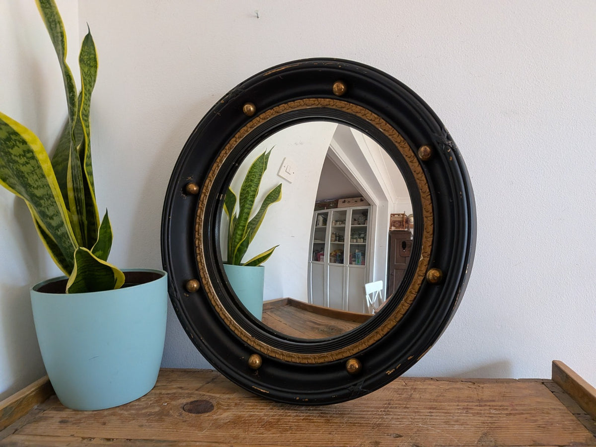 Black Antique Convex Mirror Butlers Porthole English Round Nautical Gold Gilt 
