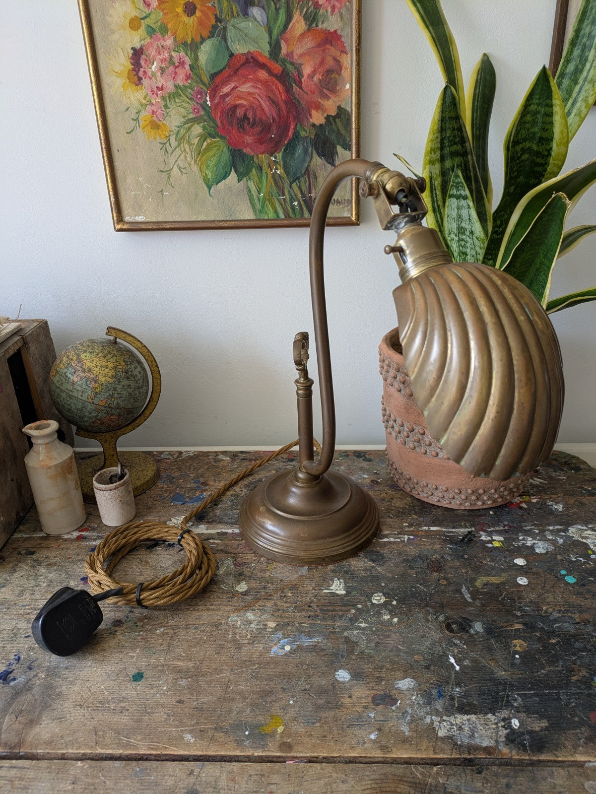 VINTAGE 1920s 30s ANTIQUE ART DECO BRASS SWAN NECK SHELL CLAM DESK LAMP WORKING!