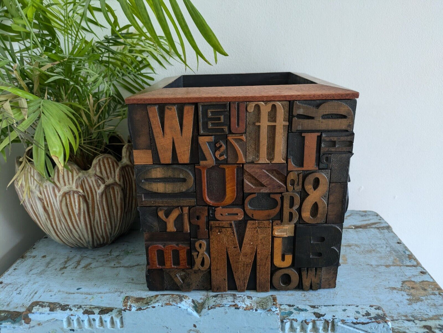 Large Vintage Antique letterpress wooden Printing Blocks Mosaic Planter Pot Bin 
