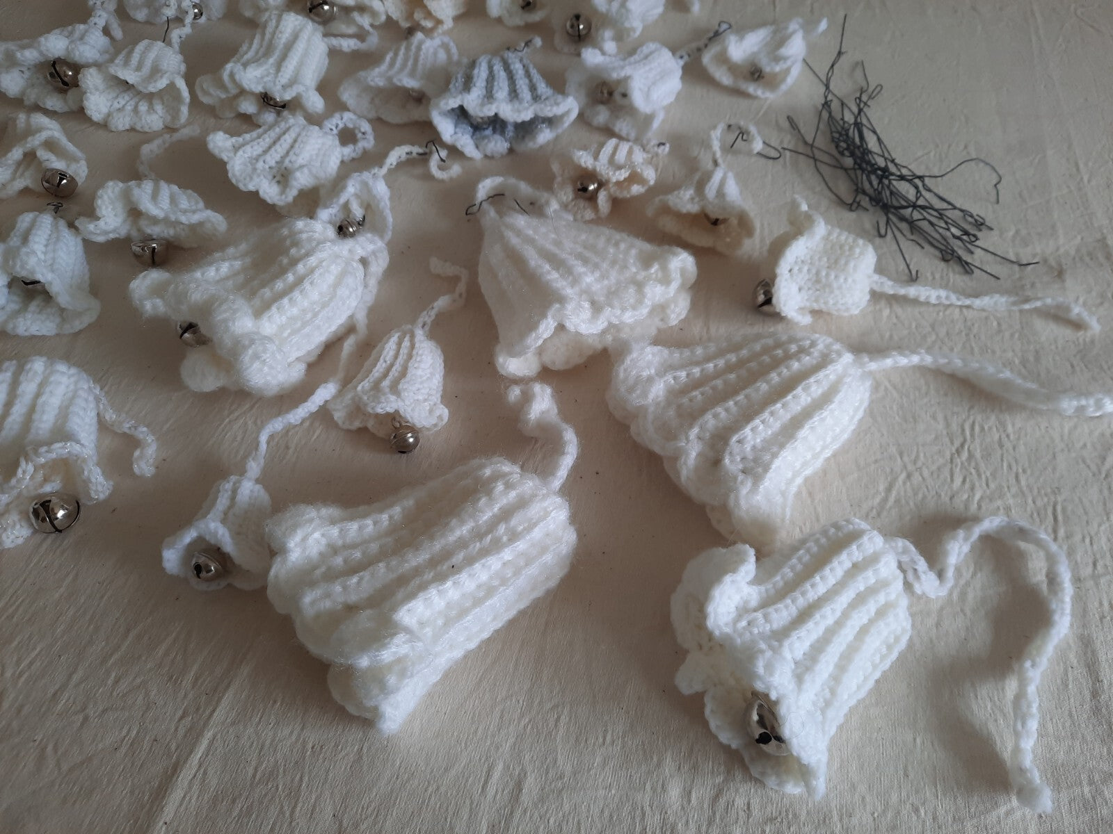 Vintage Christmas Ornament Lot Crochet Knitted 30 Bells Handmade Folk MCM Retro