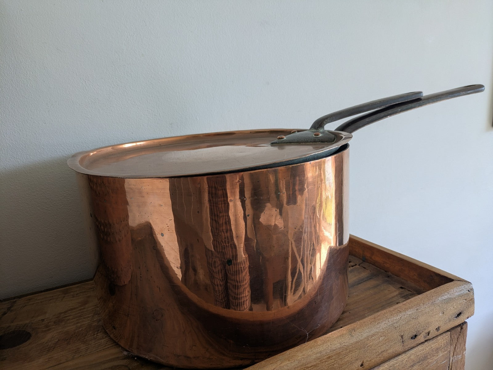 X Large Antique Georgian Copper Sauce Pan 6.9kg 32D 18.7H XL Huge Chef Cooking