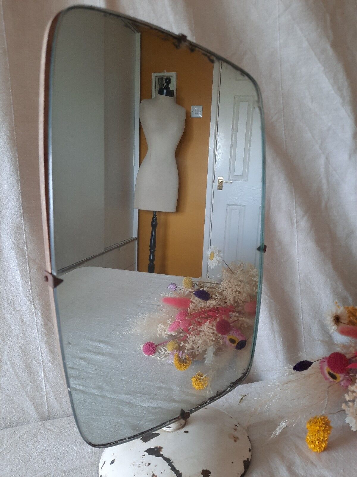 Vintage Vanity Mirror Metal Chippy Table Top Asymmetric old Retro Midcentury 