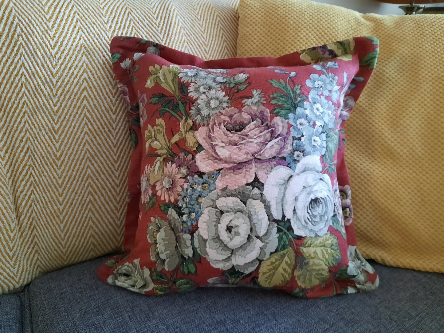 Vintage Sanderson Floral LINEN Cushion Cover inner Square 50cm sq feather pink