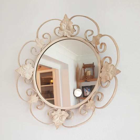 Vtg Retro Round Wrought Iron Wall Mirror Scroll & Leaf Design Cream Circular 70s