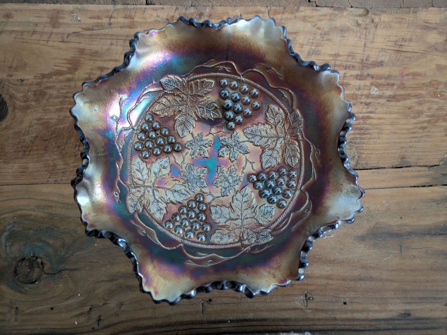 Fenton Grape & Cable Amethyst Iridescent Carnival Glass Three Legged Bowl Lustre