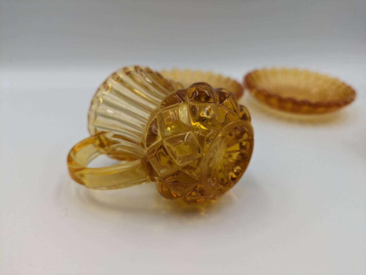 2x Vintage Amber Glass Thistle Shape Cream Milk Jug Toothpick Holder Saucer Rare
