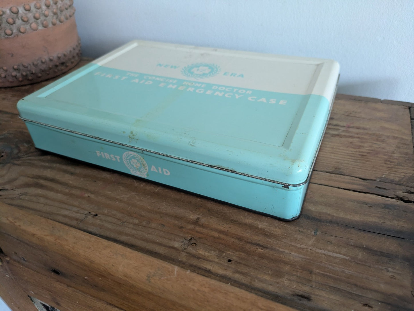 Vintage New Era First Aid Tin Metal Box Storage Prop Medical Retro Bathroom Old