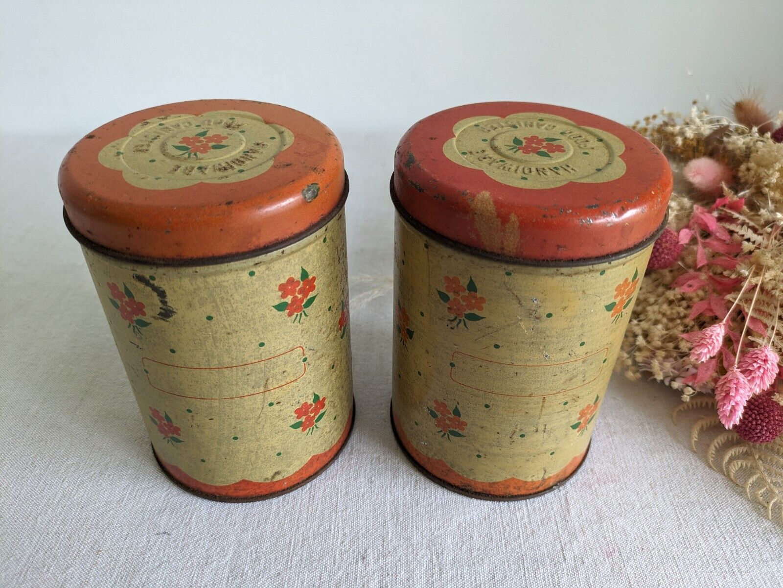 2x Vintage 1930s 20s Handiware Ditsy Storage Tin / Canister Rare Prop Kitchen