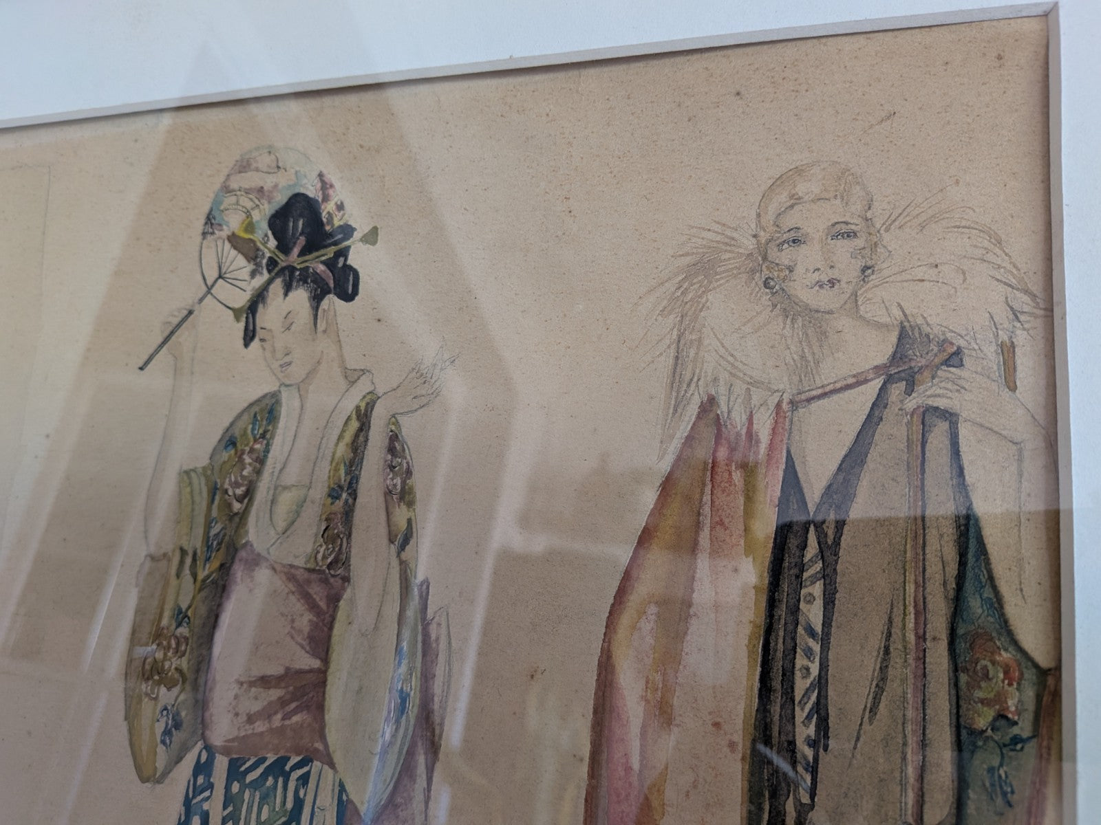 Original Fashion Design Drawing Painting 1920's Signed Hinchliffe Oriental Asian