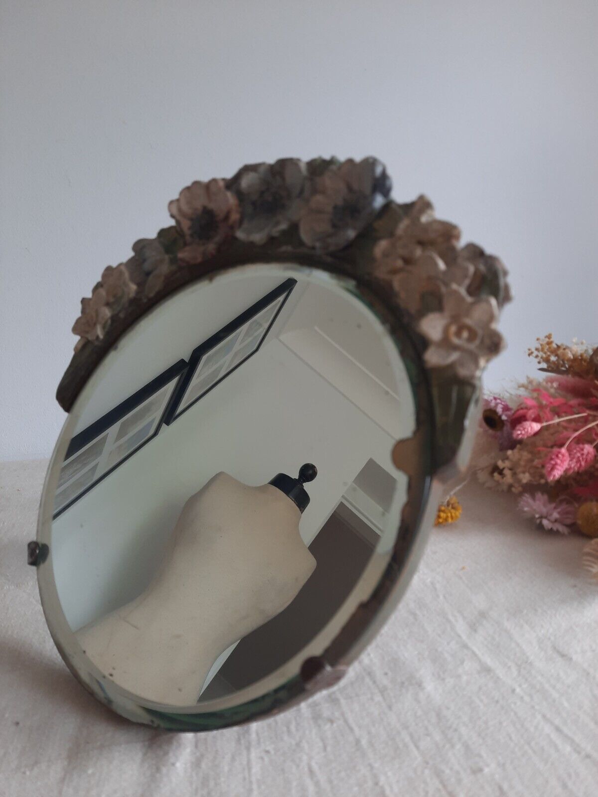 Vintage Barbola Mirror Circa 20s 1930s art deco floral antique Round bevel edge