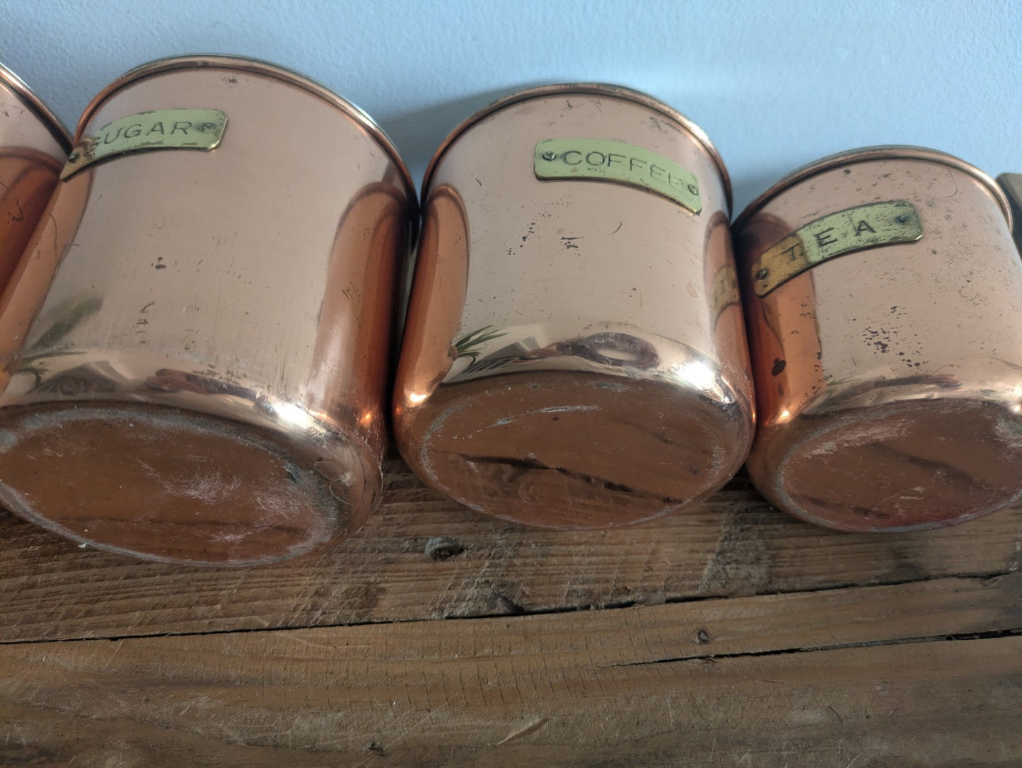 Vtg Copper 4 Nesting Kitchen Canisters MCM Farmhouse Flour Tea Coffee Sugar Prop