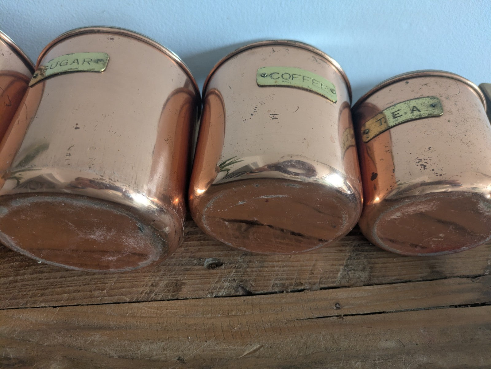 Vtg Copper 4 Nesting Kitchen Canisters MCM Farmhouse Flour Tea Coffee Sugar Prop