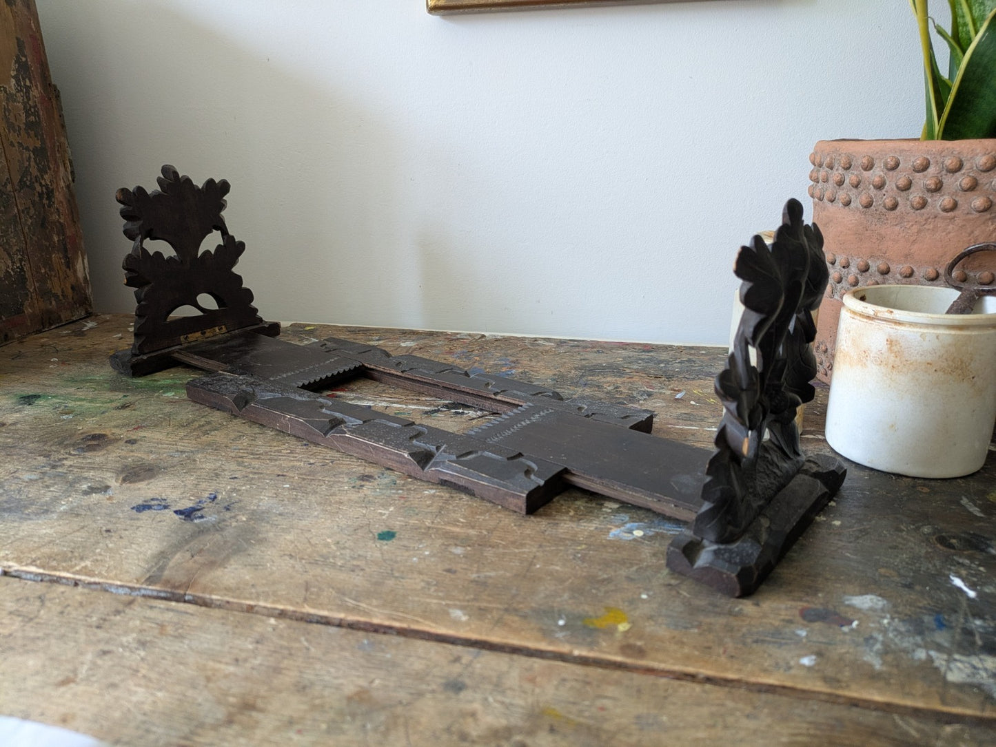 ANTIQUE VTG RARE SWISS BLACK FOREST CARVED WOOD FOLDABLE SLIDING BOOK STAND RACK