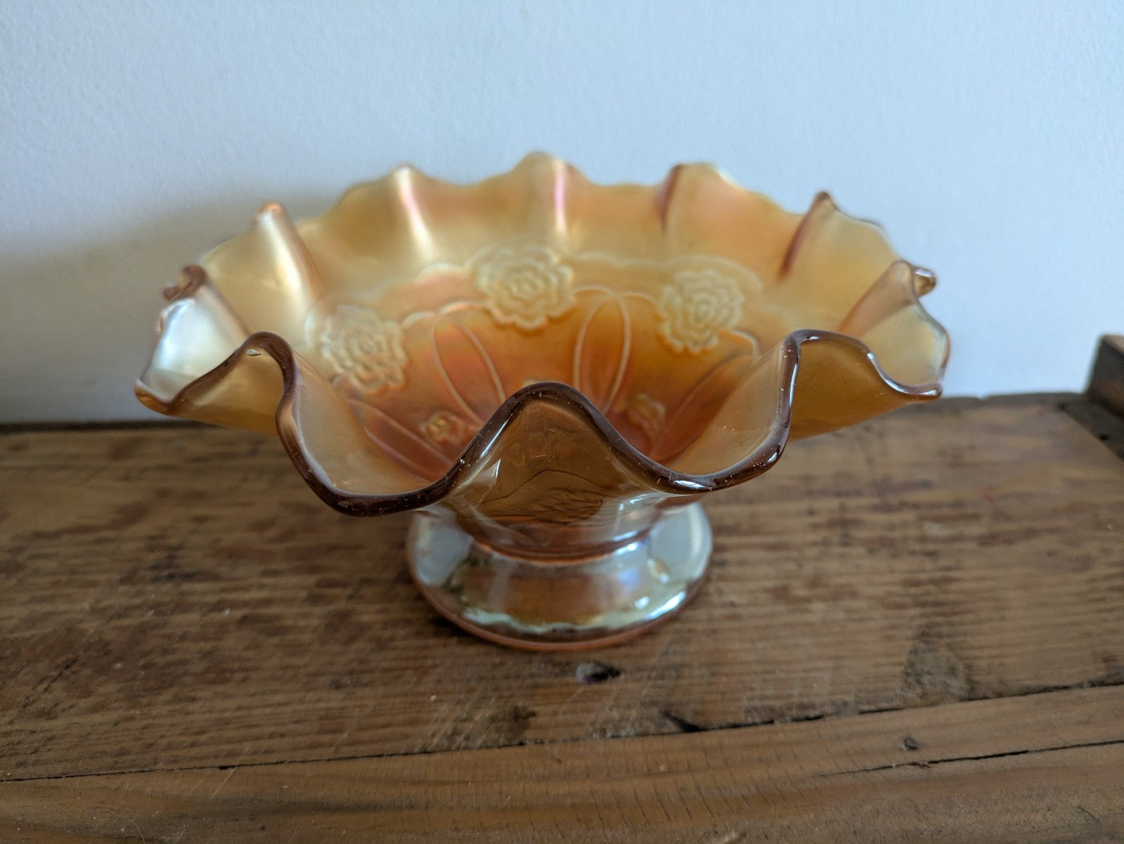 Carnival Glass Bowl Dugan Double Stem Rose Marigold/Peach Opal Iridescent C1917