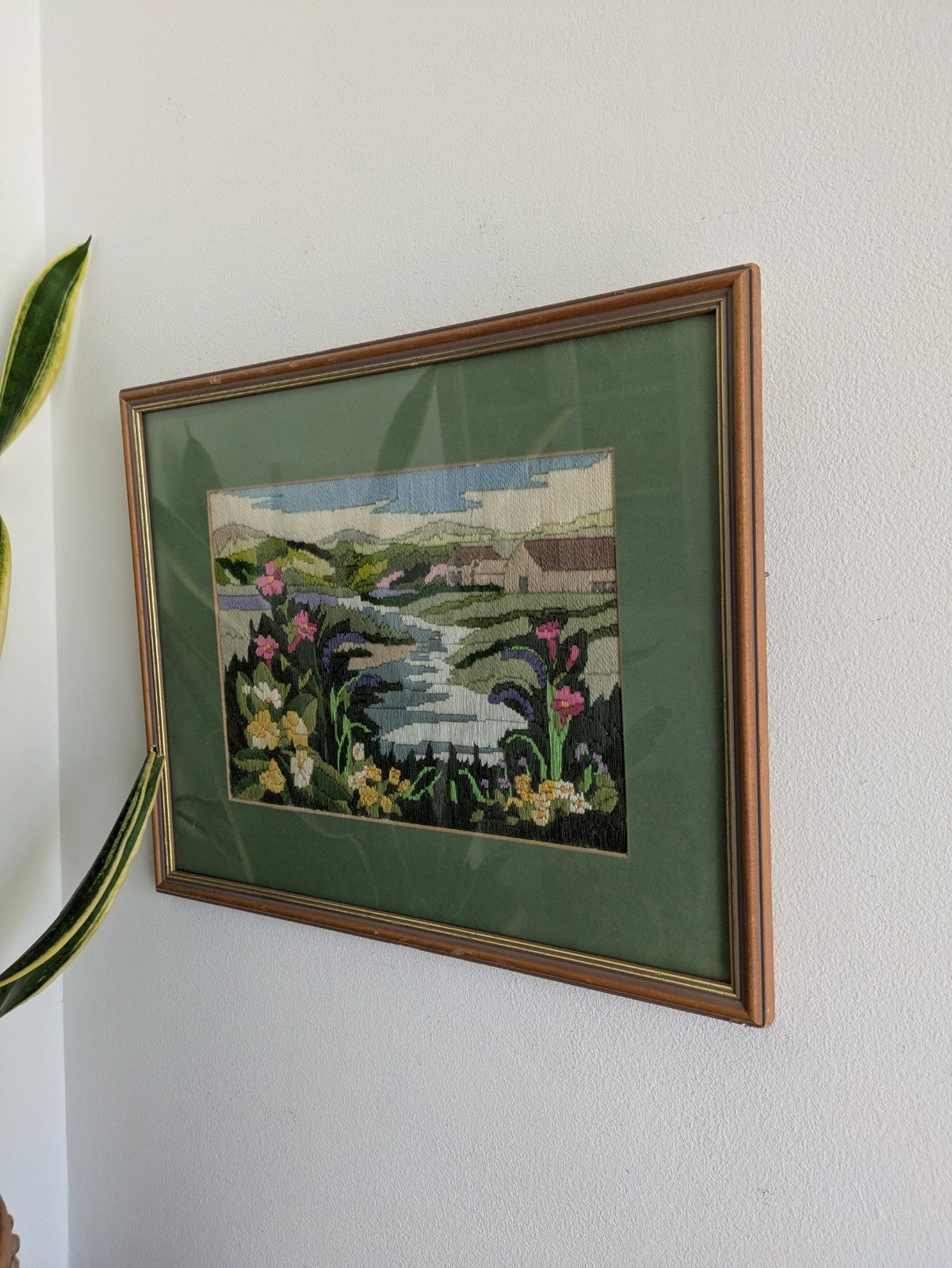 Country Side Embroidery Long Stitch Tapestry Picture Vtg River Floral Landscape